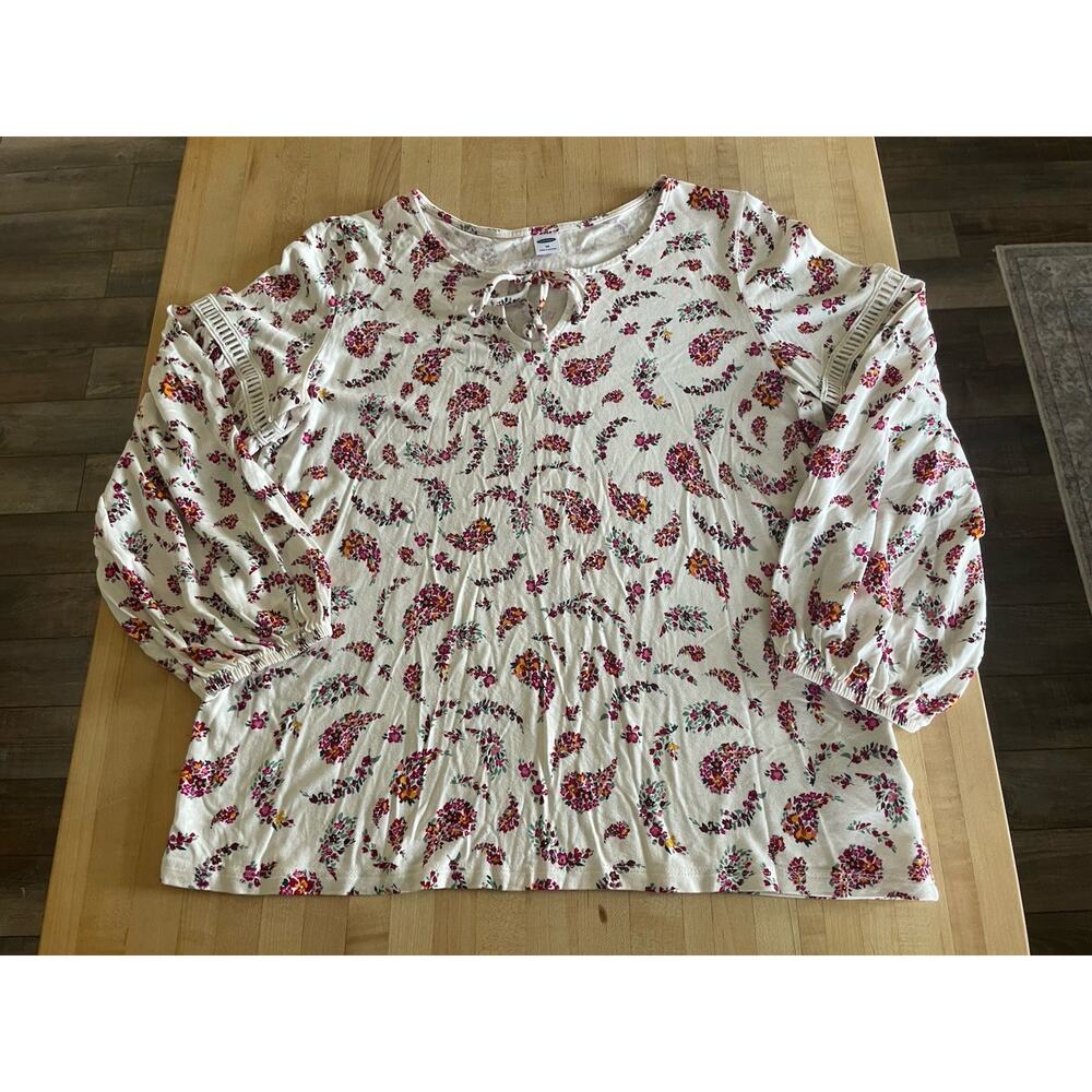 Old Navy Floral Paisley Peasant Balloon Sleeve Cotton Blend Tie Neck Top XS Boho